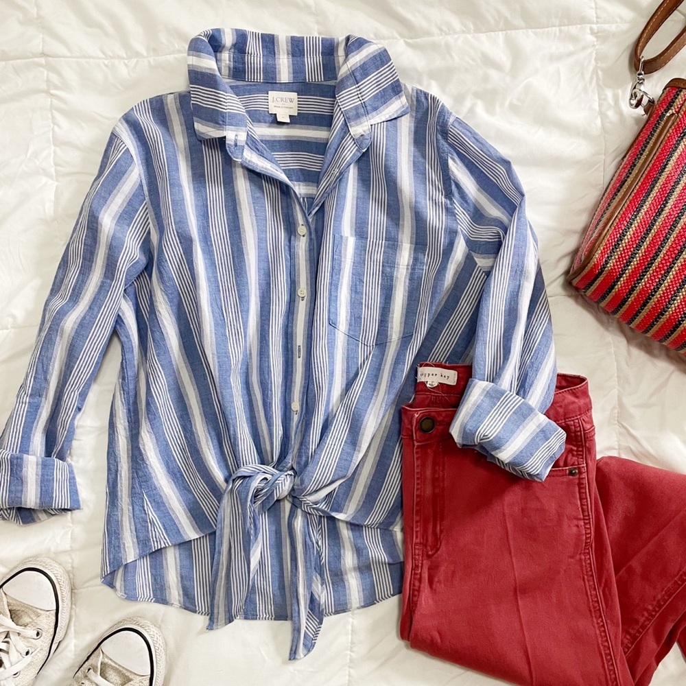 *SOLD* J Crew Striped Tie Waist Button Down M - Picture 1 of 15